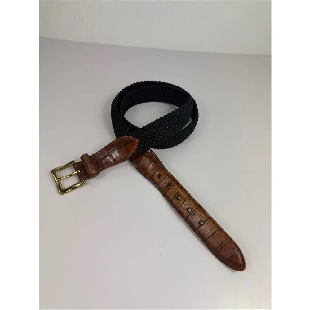 Hand Made In America Black Braided Stretch Belt Brown Leather Brass 38/95